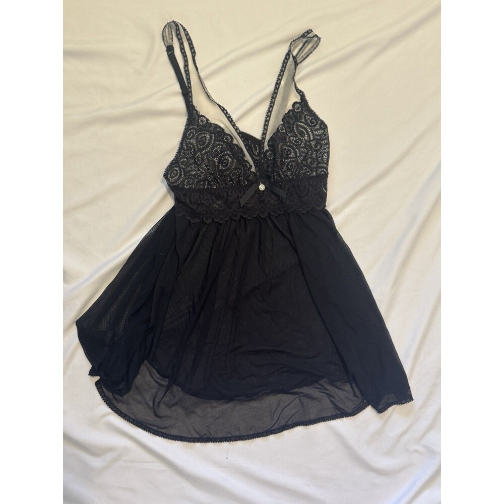 Seductivewear Cinema Etoile Black Lace Babydoll Chemise Sheer Mesh Slip Bow M